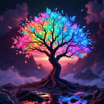 The primary subject of the image is a tree with a rainbow-colored trunk, standing in a rocky area with a body of water nearby. The tree appears to be a digital art or illustration, with a vibrant and lively atmosphere. The setting includes a mountainous background, adding to the overall beauty and uniqueness of the scene.